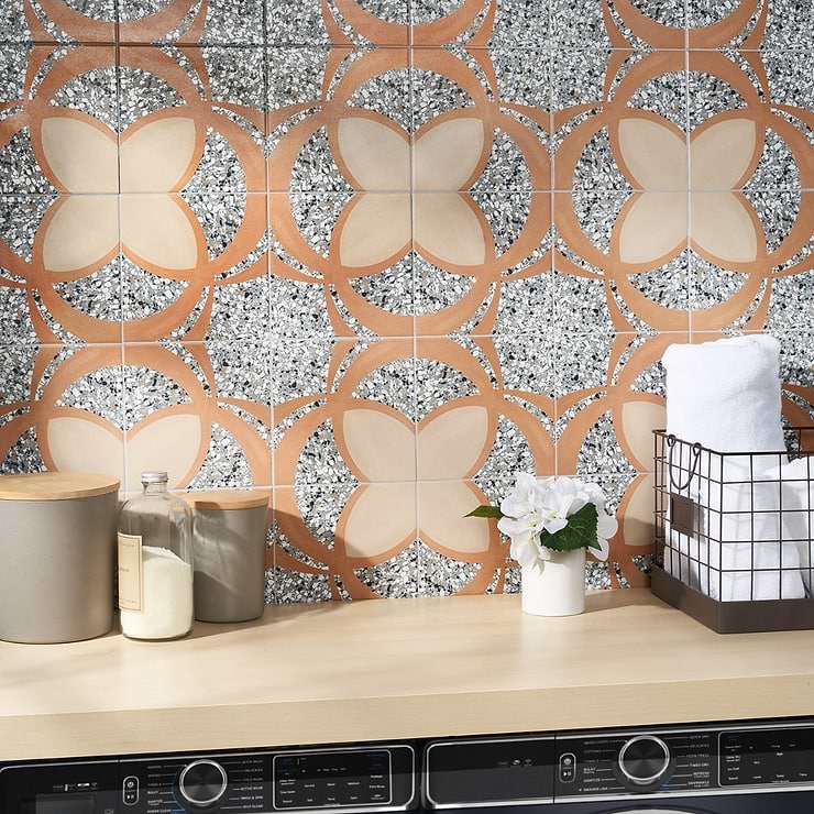 Chips Fleur De Lis Azur Multicolor 8x8 Terrazzo Look Matte Porcelain Tile; in Orange + Gray + Beige Porcelain; for Backsplash, Floor Tile, Kitchen Floor, Kitchen Wall, Wall Tile, Bathroom Floor, Bathroom Wall, Shower Wall, Outdoor Floor, Outdoor Wall, Commercial Floor, Pool Tile; in Style Ideas Rustic, Craftsman, Mid Century, Mediterranean, Modern; released 2023; new, trends