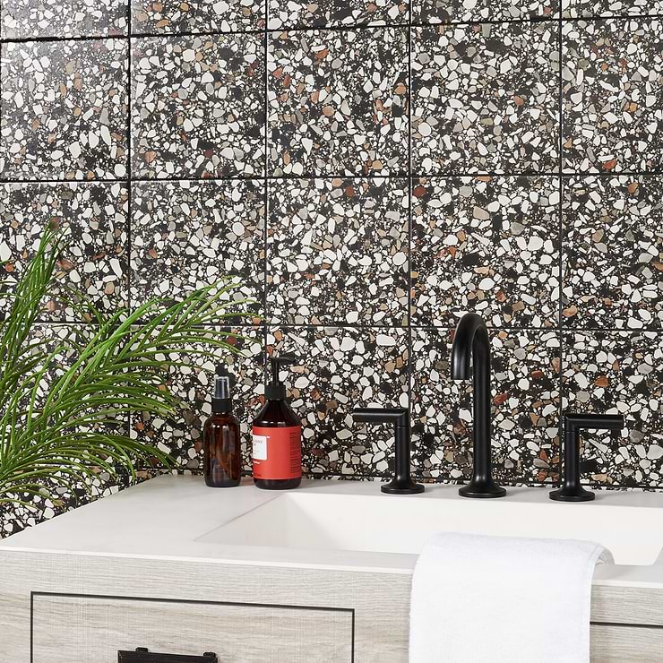 Chips Macro Nero Black 8x8 Terrazzo Look Matte Porcelain Tile; in Black Porcelain; for Backsplash, Floor Tile, Kitchen Floor, Kitchen Wall, Wall Tile, Bathroom Floor, Bathroom Wall, Shower Wall, Shower Floor, Outdoor Floor, Outdoor Wall, Commercial Floor, Pool Tile; in Style Ideas Craftsman, Mediterranean, Mid Century, Modern, Rustic; released 2023; new, trends