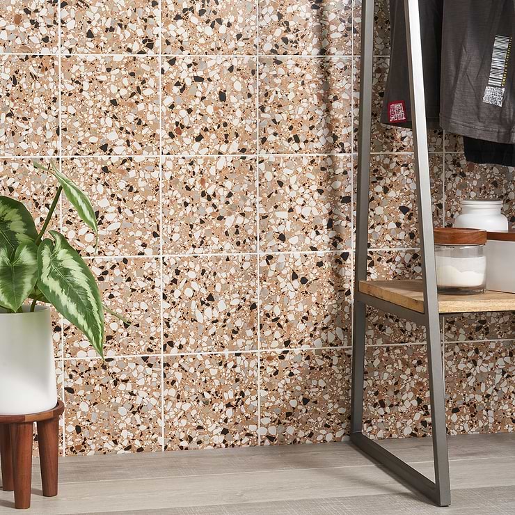 Chips Macro Terracotta Coral Orange 8x8 Terrazzo Look Matte Porcelain Tile; in Coral Orange Porcelain; for Backsplash, Floor Tile, Kitchen Floor, Kitchen Wall, Wall Tile, Bathroom Floor, Bathroom Wall, Shower Wall, Shower Floor, Outdoor Floor, Outdoor Wall, Commercial Floor, Pool Tile; in Style Ideas Craftsman, Mediterranean, Mid Century, Modern, Rustic; released 2023; new, trends