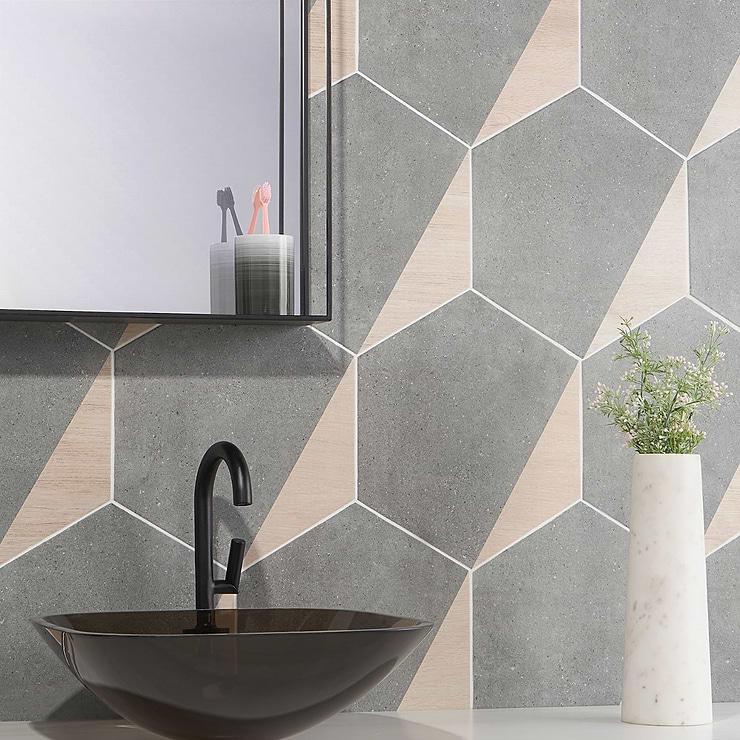 Pergola Wood Graphite 12.5" Hexagon Matte Porcelain Tile