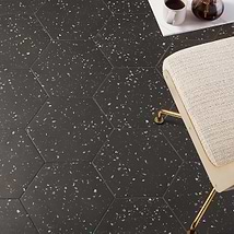 Six Hexagon Charcoal Graphite Black 12.5" Terrazzo Look Matte Porcelain Tile