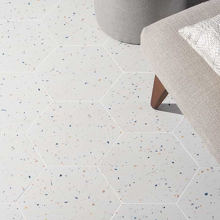 Six Hexagon Multi White 12.5" Terrazzo Look Matte Porcelain Tile; in White + Color Chips Porcelain; for Backsplash, Floor Tile, Kitchen Floor, Kitchen Wall, Wall Tile, Bathroom Floor, Bathroom Wall, Shower Wall, Shower Floor, Outdoor Floor, Outdoor Wall, Commercial Floor, Pool Tile; in Style Ideas Classic, Contemporary, Craftsman, Modern; released 2023; new, trends