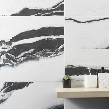 Drama Waves Black & White 12x24 Polished Porcelain Tile