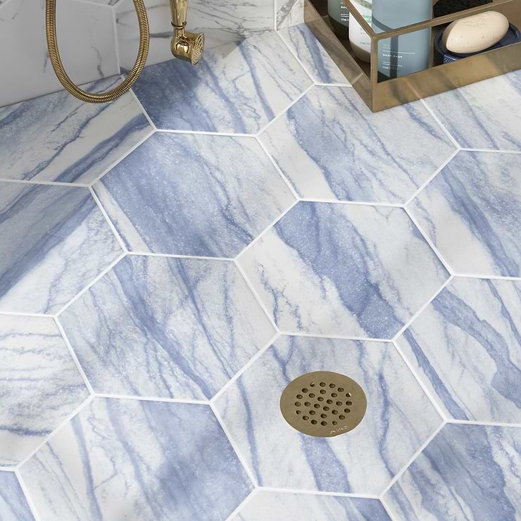 Macauba Azur Blue 10" Hexagon Matte Porcelain Tile; in Blue, White Porcelain ; for Backsplash, Floor Tile, Kitchen Floor, Kitchen Wall, Wall Tile, Bathroom Floor, Bathroom Wall, Shower Wall, Outdoor Wall, Commercial Floor; in Style Ideas Beach, Classic, Contemporary, Mediterranean, Transitional