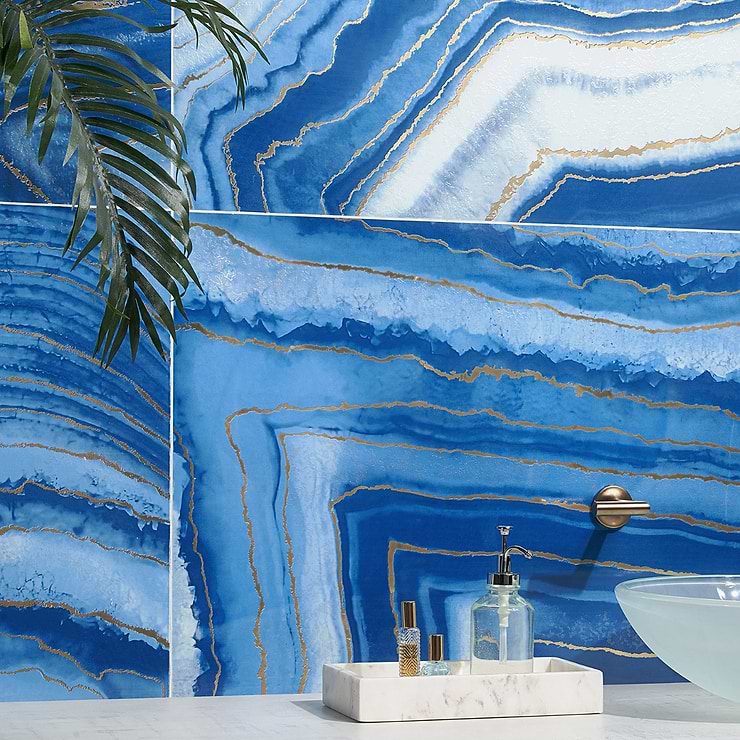 Agate Art Azul Blue 24x48 Artisan Decor Polished Porcelain Tile; in Blue Porcelain; for Backsplash, Kitchen Wall, Wall Tile, Bathroom Wall, Shower Wall; in Style Ideas Art Deco, Contemporary, Modern, Transitional, Tropical, Whimsical; released 2023; new, trends