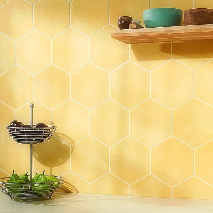 HexArt Yellow 8" Hexagon Matte Porcelain Tile; in Yellow Porcelain; for Backsplash, Floor Tile, Kitchen Floor, Kitchen Wall, Wall Tile, Bathroom Floor, Bathroom Wall, Shower Wall, Outdoor Wall, Commercial Floor; in Style Ideas Mid Century, Modern, Transitional, Whimsical
