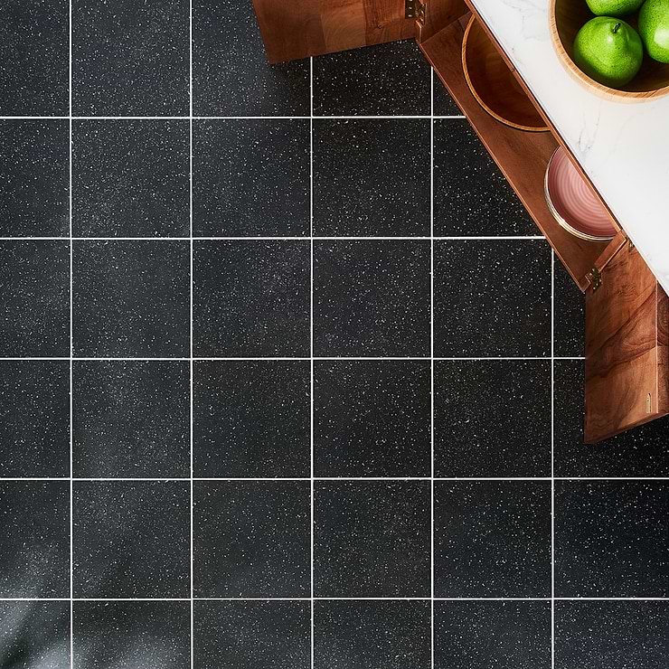 Art Geo  Terrazzo Charcoal Gray 8x8 Matte Porcelain Tile by Elizabeth Sutton; in Charcoal Porcelain; for Backsplash, Floor Tile, Kitchen Floor, Kitchen Wall, Wall Tile, Bathroom Floor, Bathroom Wall, Shower Wall, Shower Floor, Outdoor Floor, Outdoor Wall, Commercial Floor; in Style Ideas Art Deco, Contemporary, Craftsman, Mid Century, Modern, Transitional, Whimsical; released 2023; new, trends