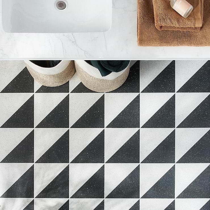 Art Geo  Terrazzo Dos Charcoal Gray 8x8 Matte Porcelain Tile by Elizabeth Sutton; in Gray, Charcoal Porcelain; for Backsplash, Floor Tile, Kitchen Floor, Kitchen Wall, Wall Tile, Bathroom Floor, Bathroom Wall, Shower Wall, Shower Floor, Outdoor Floor, Outdoor Wall, Commercial Floor; in Style Ideas Art Deco, Contemporary, Craftsman, Mid Century, Modern, Transitional, Whimsical; released 2023; new, trends
