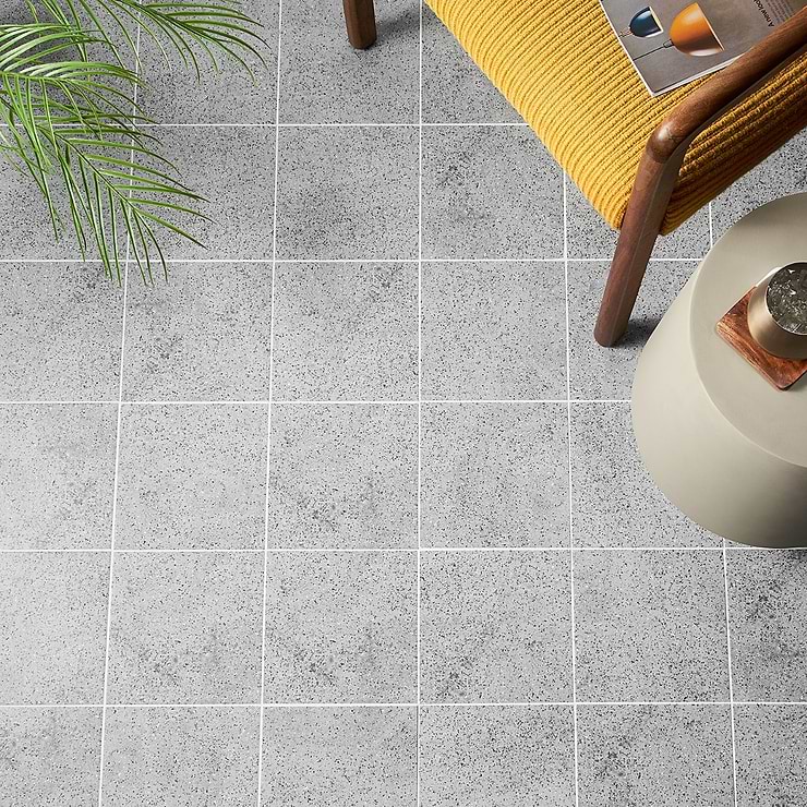 Art Geo  Terrazzo Gray 8x8 Matte Porcelain Tile by Elizabeth Sutton; in Gray Porcelain; for Backsplash, Floor Tile, Kitchen Floor, Kitchen Wall, Wall Tile, Bathroom Floor, Bathroom Wall, Shower Wall, Shower Floor, Outdoor Floor, Outdoor Wall, Commercial Floor; in Style Ideas Art Deco, Contemporary, Craftsman, Mid Century, Modern, Transitional, Whimsical; released 2023; new, trends