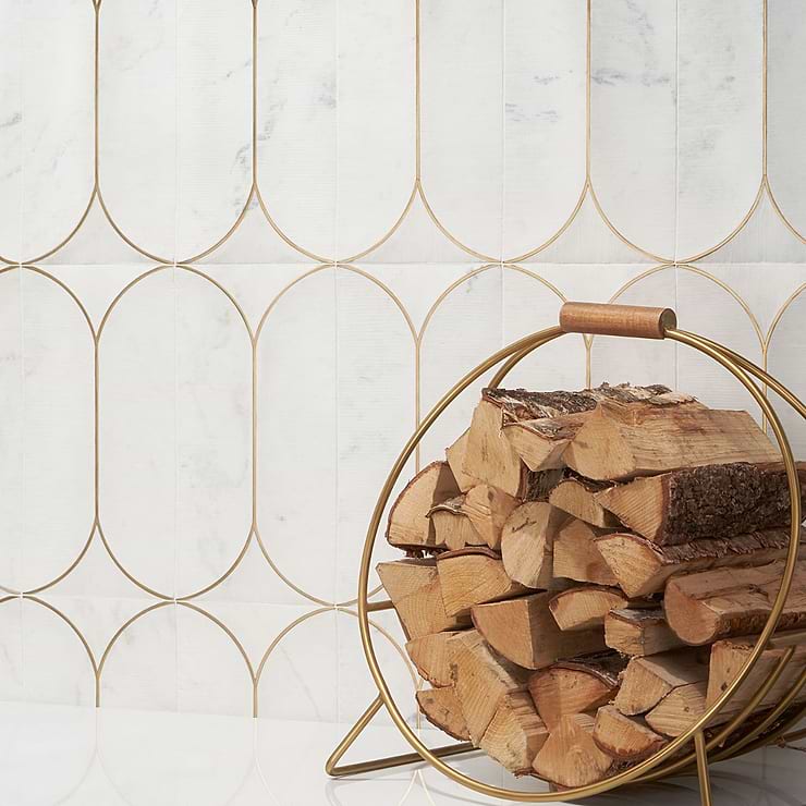 Calypso 3D Carved Bianco White Brass Inlay 8x16 Textured Honed Marble Limestone Tile