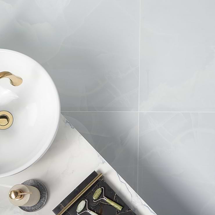 DreamStone Aztec Onyx Azul Blue 24x48 Polished Porcelain Tile; in Blue Porcelain; for Backsplash, Floor Tile, Kitchen Floor, Kitchen Wall, Wall Tile, Bathroom Floor, Bathroom Wall, Shower Wall, Outdoor Floor, Outdoor Wall, Commercial Floor; in Style Ideas Classic, Contemporary, Modern, Traditional, Transitional