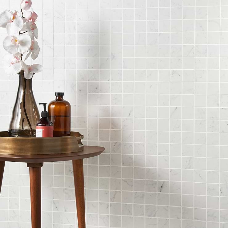 dreamstone Carrara Giola White 2x2 Matte Porcelain Mosaic; in White and Gray Porcelain; for Backsplash, Floor Tile, Kitchen Floor, Kitchen Wall, Wall Tile, Bathroom Floor, Bathroom Wall, Shower Wall, Shower Floor, Outdoor Floor, Outdoor Wall, Commercial Floor, Pool Tile; in Style Ideas Art Deco, Beach, Classic, Contemporary, Craftsman, Modern, Traditional, Transitional; released 2023; new, trends