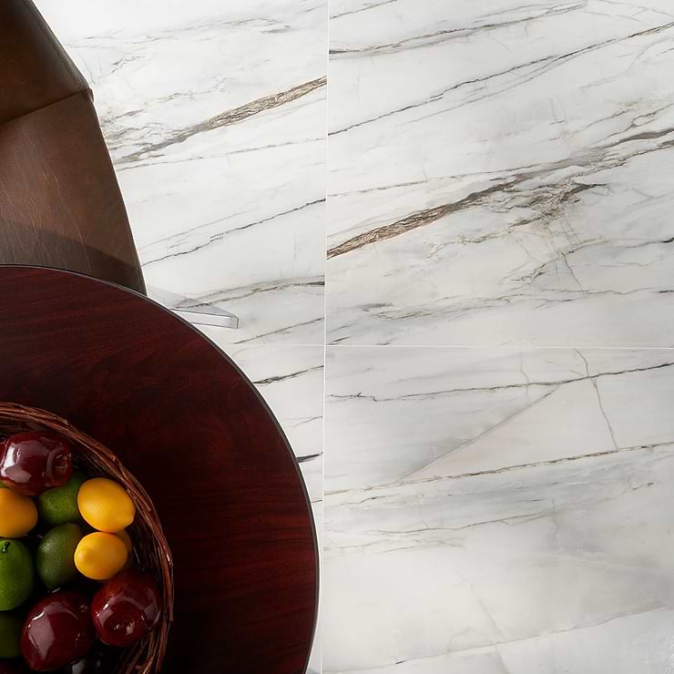 dreamstone Carpaccio White 24x48 Polished Porcelain Tile; in White with Brown Grey Veining Porcelain; for Backsplash, Floor Tile, Kitchen Floor, Kitchen Wall, Wall Tile, Bathroom Floor, Bathroom Wall, Shower Wall, Outdoor Floor, Outdoor Wall, Commercial Floor; in Style Ideas Classic, Contemporary, Modern, Traditional, Transitional