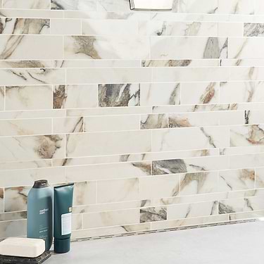 Dreamstone Calacatta Rustico Beige Railroad Polished Porcelain Mosaic