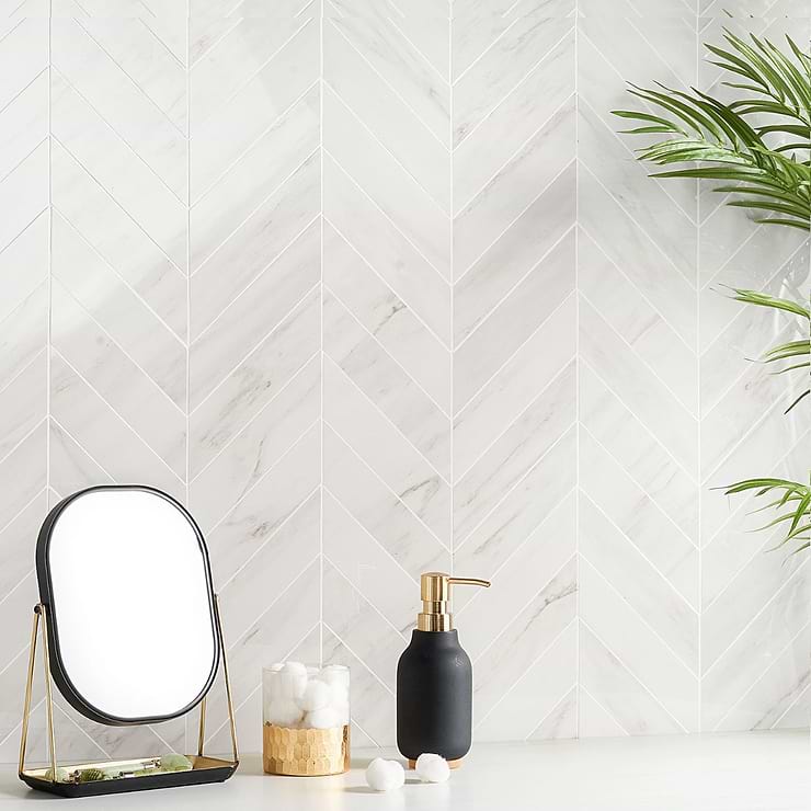 dreamstone Dolomite Snow White 2x8 Chevron Polished Porcelain Mosaic; in White with Grey Veining Porcelain; for Backsplash, Floor Tile, Kitchen Floor, Kitchen Wall, Wall Tile, Bathroom Floor, Bathroom Wall, Shower Wall, Shower Floor, Outdoor Floor, Outdoor Wall, Commercial Floor, Pool Tile; in Style Ideas Art Deco, Beach, Classic, Contemporary, Craftsman, Modern, Traditional, Transitional; released 2023; new, trends