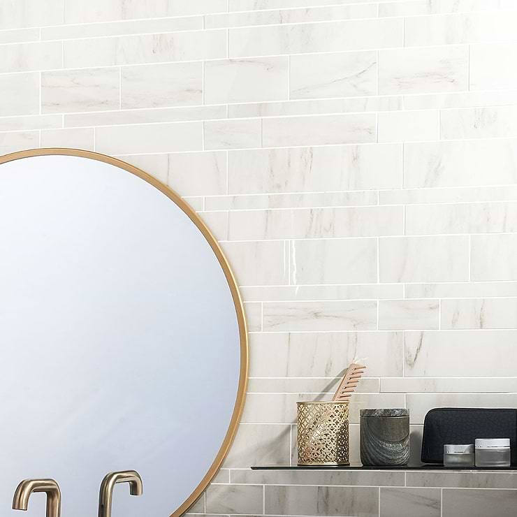 dreamstone Dolomite Snow White Railroad Polished Porcelain Mosaic; in White with Grey Veining Porcelain; for Backsplash, Floor Tile, Kitchen Floor, Kitchen Wall, Wall Tile, Bathroom Floor, Bathroom Wall, Shower Wall, Shower Floor, Outdoor Floor, Outdoor Wall, Commercial Floor, Pool Tile; in Style Ideas Art Deco, Beach, Classic, Contemporary, Craftsman, Modern, Traditional, Transitional; released 2023; new, trends