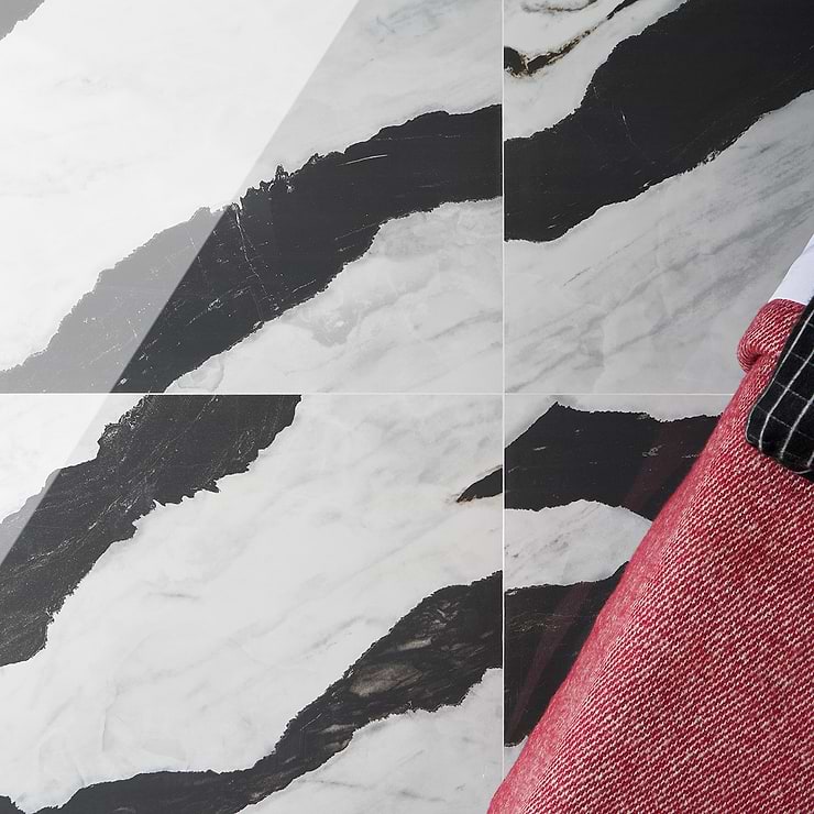 DreamStone Panda White 24x48 Polished Porcelain Tile; in Black and White Porcelain; for Backsplash, Floor Tile, Kitchen Floor, Kitchen Wall, Wall Tile, Bathroom Floor, Bathroom Wall, Shower Wall, Shower Floor, Outdoor Floor, Outdoor Wall, Commercial Floor; in Style Ideas Classic, Contemporary, Modern, Traditional, Transitional