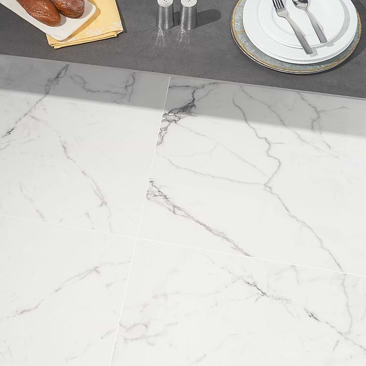 DreamStone Statuario Venato White 24x24 Polished Porcelain Tile; in White with Grey Veining Porcelain; for Backsplash, Floor Tile, Kitchen Floor, Kitchen Wall, Wall Tile, Bathroom Floor, Bathroom Wall, Shower Wall, Outdoor Floor, Outdoor Wall, Commercial Floor; in Style Ideas Classic, Contemporary, Modern, Traditional, Transitional; released 2023; new, trends