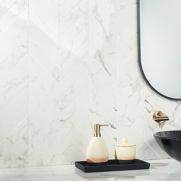 DreamStone Statuario Venato White 2x8 Chevron Polished Porcelain Mosaic; in White with Grey Veining Porcelain; for Backsplash, Floor Tile, Kitchen Floor, Kitchen Wall, Wall Tile, Bathroom Floor, Bathroom Wall, Shower Wall, Shower Floor, Outdoor Floor, Outdoor Wall, Commercial Floor, Pool Tile; in Style Ideas Classic, Contemporary, Modern, Traditional, Transitional; released 2023; new, trends