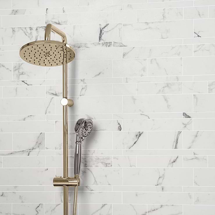 DreamStone Statuario Venato White Railroad Matte Porcelain Mosaic; in White with Grey Veining Porcelain; for Backsplash, Floor Tile, Kitchen Floor, Kitchen Wall, Wall Tile, Bathroom Floor, Bathroom Wall, Shower Wall, Shower Floor, Outdoor Floor, Outdoor Wall, Commercial Floor, Pool Tile; in Style Ideas Classic, Contemporary, Modern, Traditional, Transitional; released 2023; new, trends