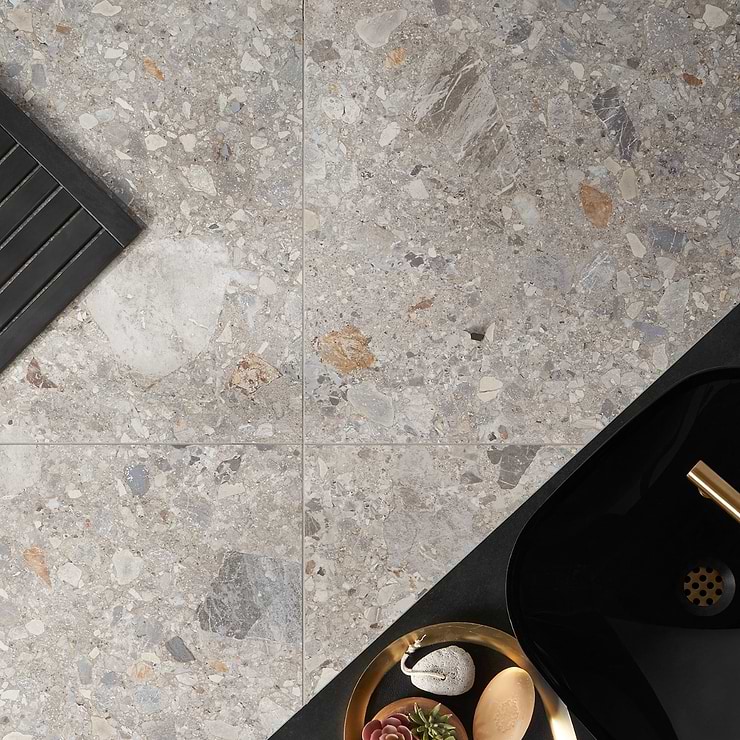 Rizo Earth Gray 24x48 Terrazzo Look Matte Porcelain Tile