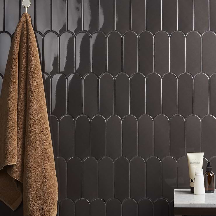 Parry Charcoal Black 3x8 Fishscale Glossy Ceramic Tile; in Charcoal Ceramic; for Backsplash, Kitchen Wall, Wall Tile, Bathroom Wall, Shower Wall; in Style Ideas Art Deco, Contemporary, Mid Century, Mediterranean, Transitional; released 2023; new, trends
