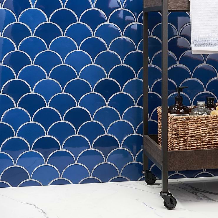 Highwater Turchese Blue 2x5 Fishscale Polished Ceramic Tile; in Dark Blue Ceramic; for Backsplash, Bathroom Wall, Shower Wall; in Style Ideas Beach, Farmhouse, Mid Century; released 2023; new, trends