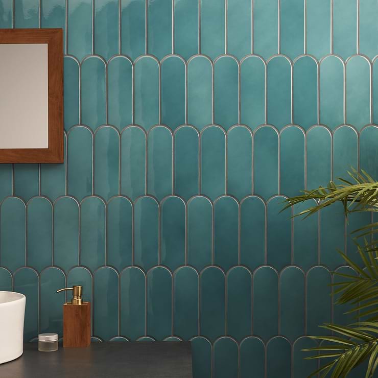 Parry Teal Blue 3x8 Fishscale Glossy Ceramic Wall Tile