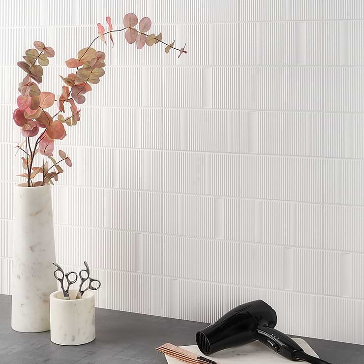 Division White 8x16 Fluted Matte Ceramic Tile; in White Ceramic; for Backsplash, Kitchen Wall, Wall Tile, Bathroom Wall, Shower Wall; in Style Ideas Contemporary, Mid Century, Modern, Transitional