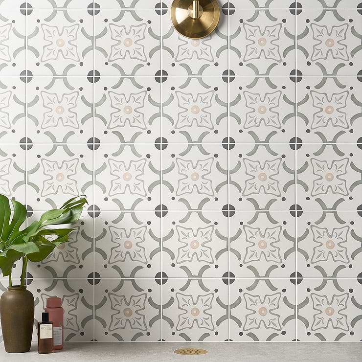 Lapaz Flora Green 9x9 Matte Porcelain Tile; in Green, White, Gray, Beige Through Body Porcelain; for Backsplash, Floor Tile, Kitchen Floor, Kitchen Wall, Wall Tile, Bathroom Floor, Bathroom Wall, Shower Wall, Shower Floor, Outdoor Floor, Outdoor Wall, Commercial Floor, Pool Tile; in Style Ideas Beach, Farmhouse, Mediterranean, Modern, Transitional; released 2023; new, trends