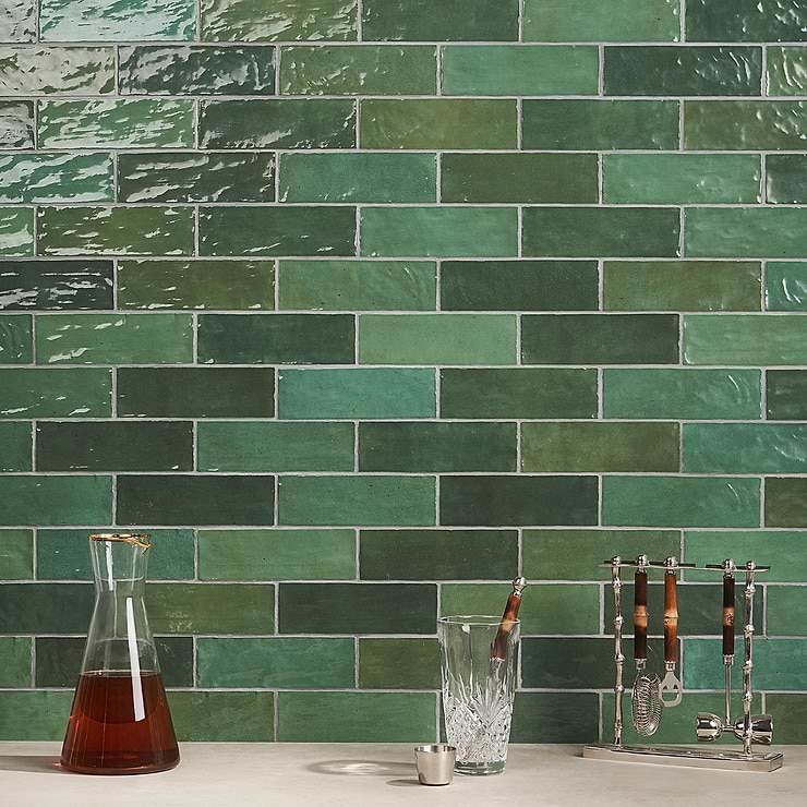 Portmore Green 3x8 Glazed Ceramic Subway Tile; in Green Ceramic; for Backsplash, Kitchen Wall, Wall Tile, Bathroom Wall, Shower Wall; in Style Ideas Beach, Classic, Contemporary, Cottage, Craftsman, Farmhouse, Industrial, Mediterranean, Modern, Traditional, Transitional