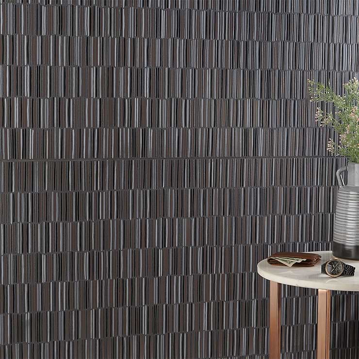 Setana Black 12x24 Artisan Decor Porcelain Tile; in Dark Gray base with Gray, Bronze, and Black lines Porcelain; for Backsplash, Floor Tile, Kitchen Floor, Kitchen Wall, Wall Tile, Bathroom Floor, Bathroom Wall, Shower Wall, Outdoor Floor, Outdoor Wall, Pool Tile; in Style Ideas Craftsman, Industrial, Rustic; released 2023; new, trends