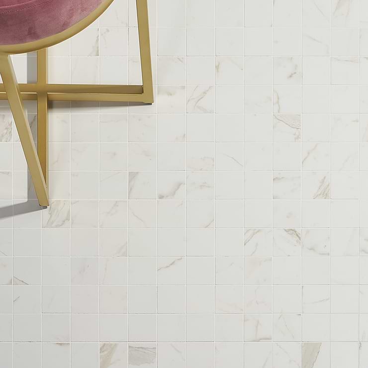 Versilia Calacatta Oro White 2x2 Matte Porcelain Mosaic; in White with Gray and Gold Veining Porcelain; for Backsplash, Floor Tile, Kitchen Floor, Kitchen Wall, Wall Tile, Bathroom Floor, Bathroom Wall, Shower Wall, Shower Floor, Outdoor Floor, Outdoor Wall, Commercial Floor; in Style Ideas Art Deco, Contemporary, Craftsman, Modern