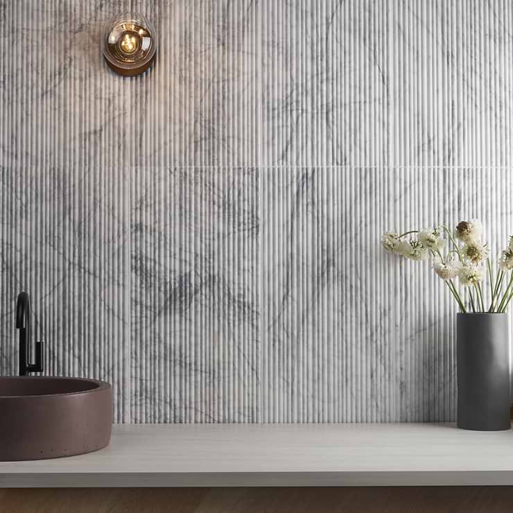 Waves White Lion 12x24 Fluted 3D Honed Marble Tile; in White with Black Veining Marble; for Backsplash, Kitchen Wall, Wall Tile, Bathroom Wall, Shower Wall, Outdoor Wall; in Style Ideas Classic, Craftsman, Contemporary, Farmhouse, Modern, Traditional, Transitional