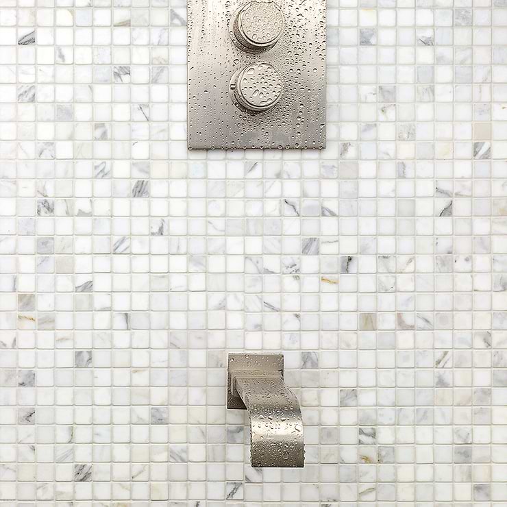 Calacatta White 1x1 Square Polished Marble Mosaic; in White w/ Gray & Gold Veins Calacatta; for Backsplash, Floor Tile, Kitchen Floor, Kitchen Wall, Wall Tile, Bathroom Floor, Bathroom Wall, Shower Wall, Shower Floor, Outdoor Wall, Commercial Floor; in Style Ideas Art Deco, Classic, Craftsman, Contemporary, Modern, Traditional, Transitional