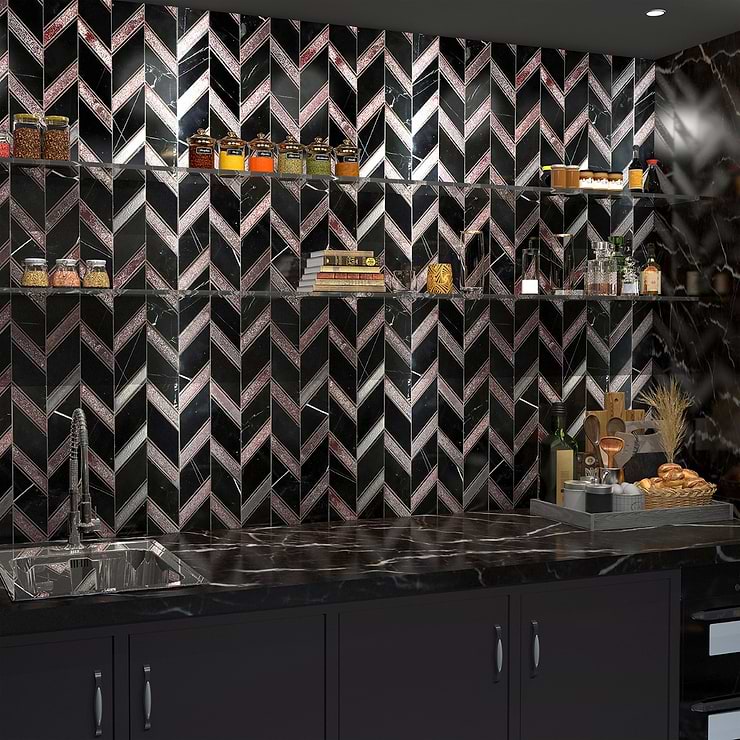 Magma Chevron Barcelona Nero Black Polished Marble & Lava Stone Mosaic; in Black, Silver, Bronze Marble/ Lava Stone; for Backsplash, Floor Tile, Kitchen Floor, Kitchen Wall, Wall Tile, Bathroom Floor, Bathroom Wall, Shower Wall, Shower Floor, Outdoor Floor, Outdoor Wall, Commercial Floor; in Style Ideas Art Deco, Contemporary, Industrial, Transitional; released 2023; new, trends