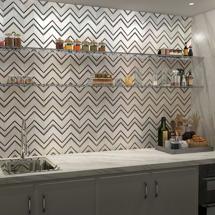 Magma Chevron Palermo White Marble and Bronze Lava Stone Polished Mosaic Tile