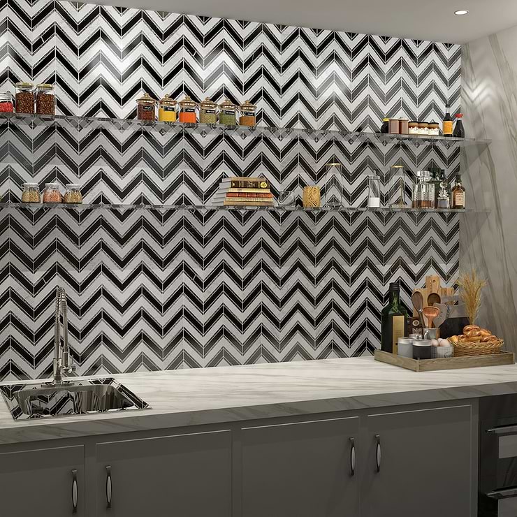 Magma Chevron Verona Black & White Marble & Lava Stone Polished Mosaic Tile