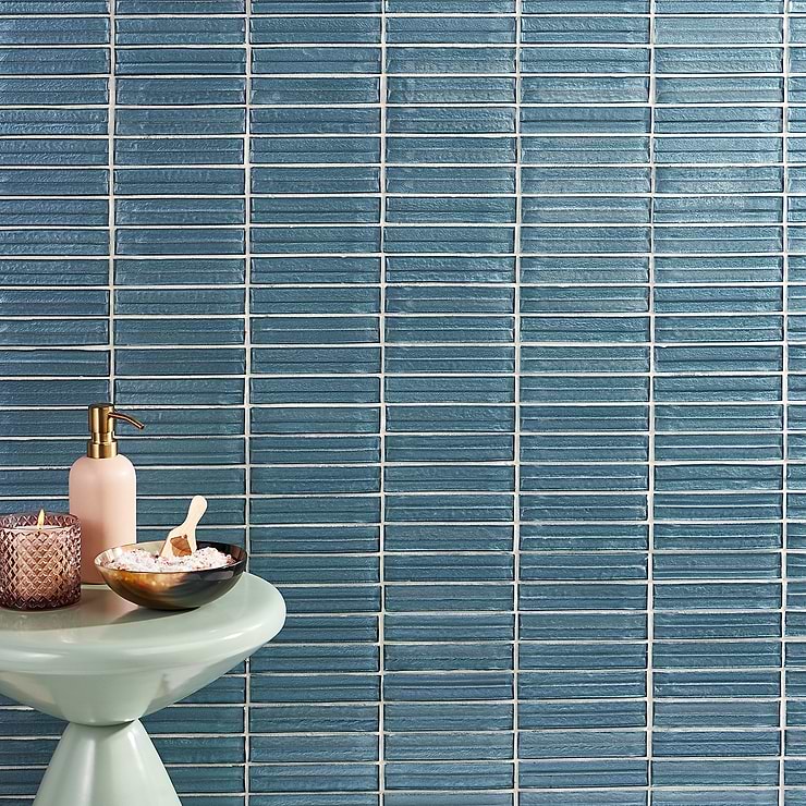 Maya Stacked Sky Blue Polished Glass Mosaic; in Blue Glass ; for Backsplash, Kitchen Wall, Wall Tile, Bathroom Wall, Shower Wall; in Style Ideas Beach, Classic, Contemporary, Mediterranean, Traditional, Transitional, Tropical