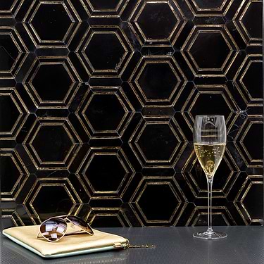 Helix Black & Gold Hexagon Polished Marble & Glass Mosaic