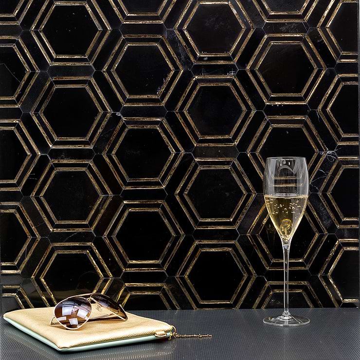 Helix Black & Gold Hexagon Polished Marble & Glass Mosaic; in Black and Gold Marble And Glass; for Backsplash, Bathroom Wall, Kitchen Wall, Wall Tile; in Style Ideas Art Deco, Mid Century, Modern, Transitional