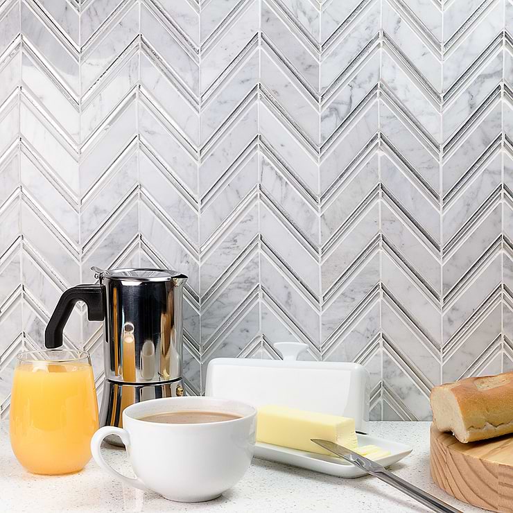 Monarch Winter Magic White Herringbone Polished Marble Mosaic; in White Carrara + White + Silver Carrara; for Backsplash, Bathroom Floor, Bathroom Wall, Floor Tile, Kitchen Floor, Kitchen Wall, Shower Wall, Wall Tile; in Style Ideas Classic, Craftsman, Traditional, Transitional