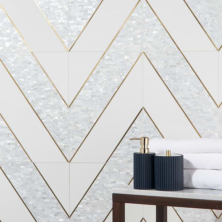 Timeless Perla Gray 12x18 Polished Porcelain & Brass Tile by Elizabeth Sutton; in White, Gray and Gold Porcelain; for Backsplash, Floor Tile, Kitchen Floor, Kitchen Wall, Wall Tile, Bathroom Floor, Bathroom Wall, Outdoor Wall; in Style Ideas Art Deco, Mid Century