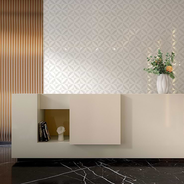 Cleopatra Diagonal Truffle White Terrazzo and Bianco White Marble Polished Mosaic Tile