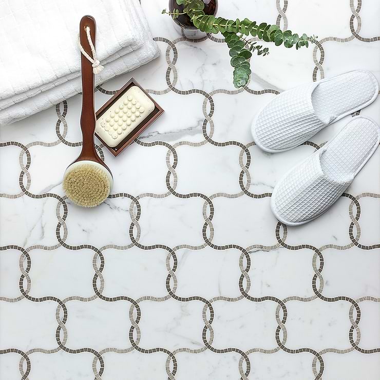 Catena Gray Polished Marble Mosaic; in White, Gray, Dark Gray Calacatta + Tunisia Gray; for Backsplash, Floor Tile, Kitchen Floor, Kitchen Wall, Wall Tile, Bathroom Floor, Bathroom Wall, Shower Wall, Shower Floor, Outdoor Wall, Commercial Floor; in Style Ideas Modern, Transitional