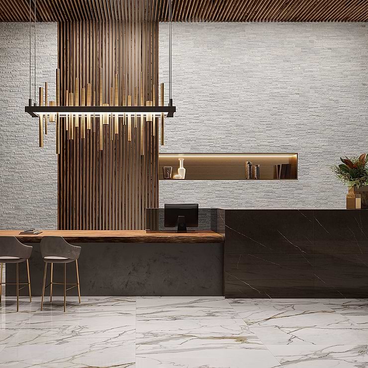 Rugged Stacked Cold White 6x24 Matte Porcelain Ledger Stone Veneer