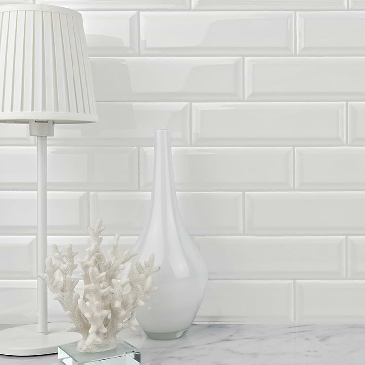 Astoria White 3x9 Beveled Glazed Ceramic Subway Tile; in White Ceramic; for Backsplash, Kitchen Wall, Wall Tile, Bathroom Wall, Shower Wall; in Style Ideas Art Deco, Classic, Craftsman, Farmhouse, Mid Century, Traditional, Transitional, Tropical; released 2023; new, trends