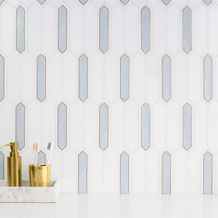 Zeus Blue Celeste 2x8 Picket Polished Marble and Brass Mosaic Tile; in Blue, White and Gold Marble + Brass; for Backsplash, Kitchen Wall, Wall Tile, Bathroom Wall; in Style Ideas Art Deco, Contemporary, Modern, Transitional