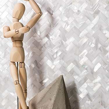 Serene White Herringbone Polished Pearl Mosaic