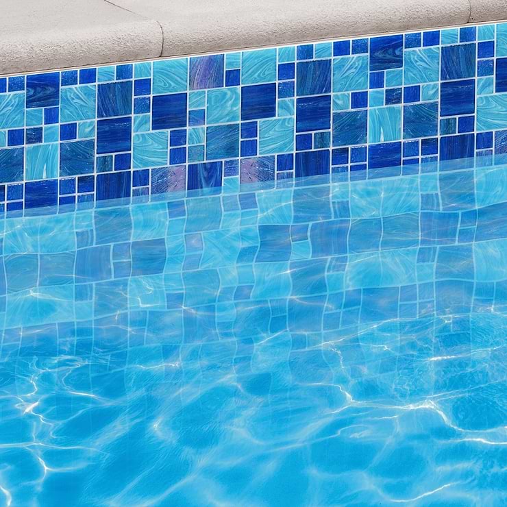 Aquatic Ocean Blue French Pattern Glass Polished Mosaic Tile